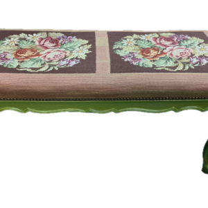 Antico sgabello panchetta barocco lacca verde prato imbottita tessuto a ricamo