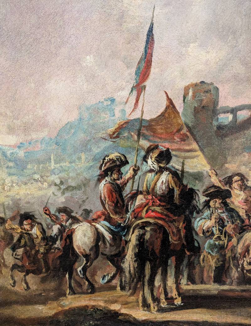 dipinto-cavalleria-esercito-battaglia-cavalli-stendardi-mura-tromba-olio-tela2_OTTIMIZZATO Battaglia, antico dipinto a olio su tela - immagine 3