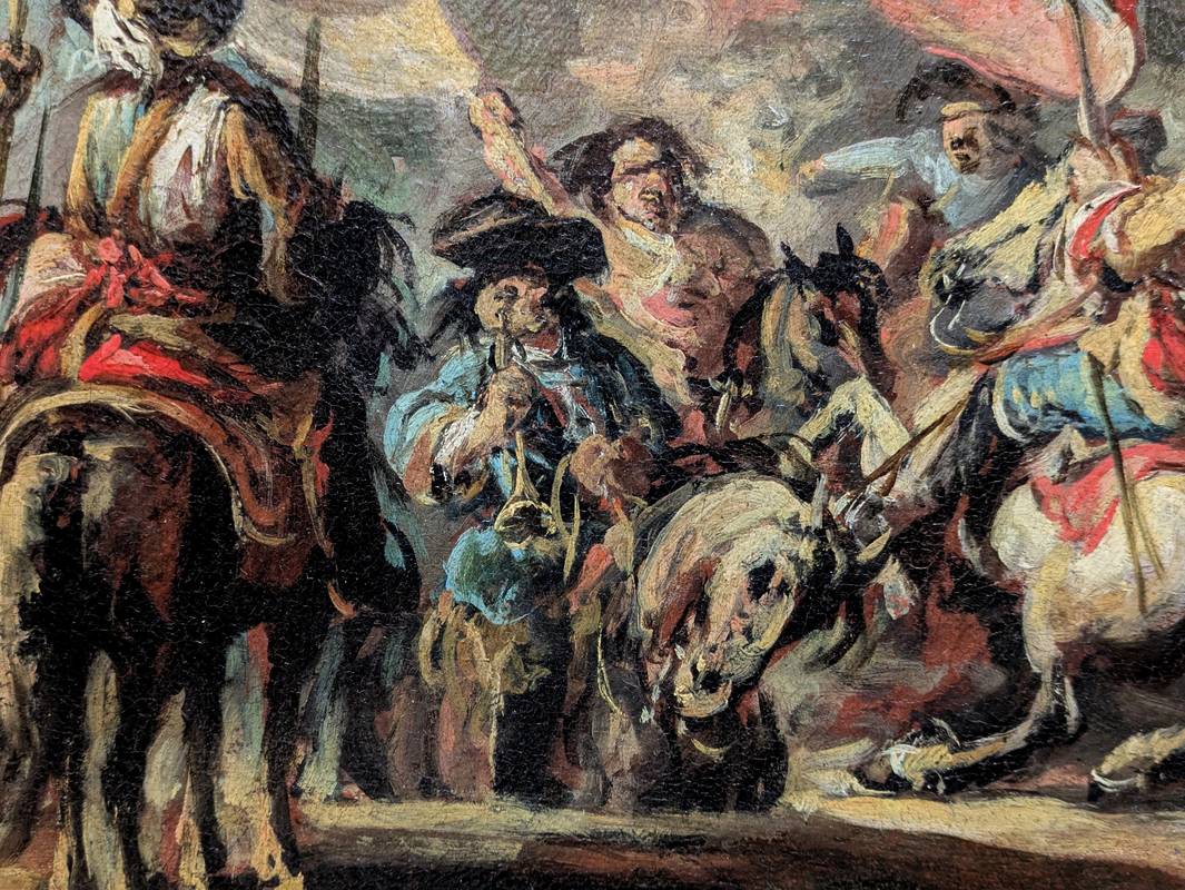 dipinto-cavalleria-esercito-battaglia-cavalli-stendardi-mura-tromba-olio-tela3_OTTIMIZZATO Battaglia, antico dipinto a olio su tela - immagine 4