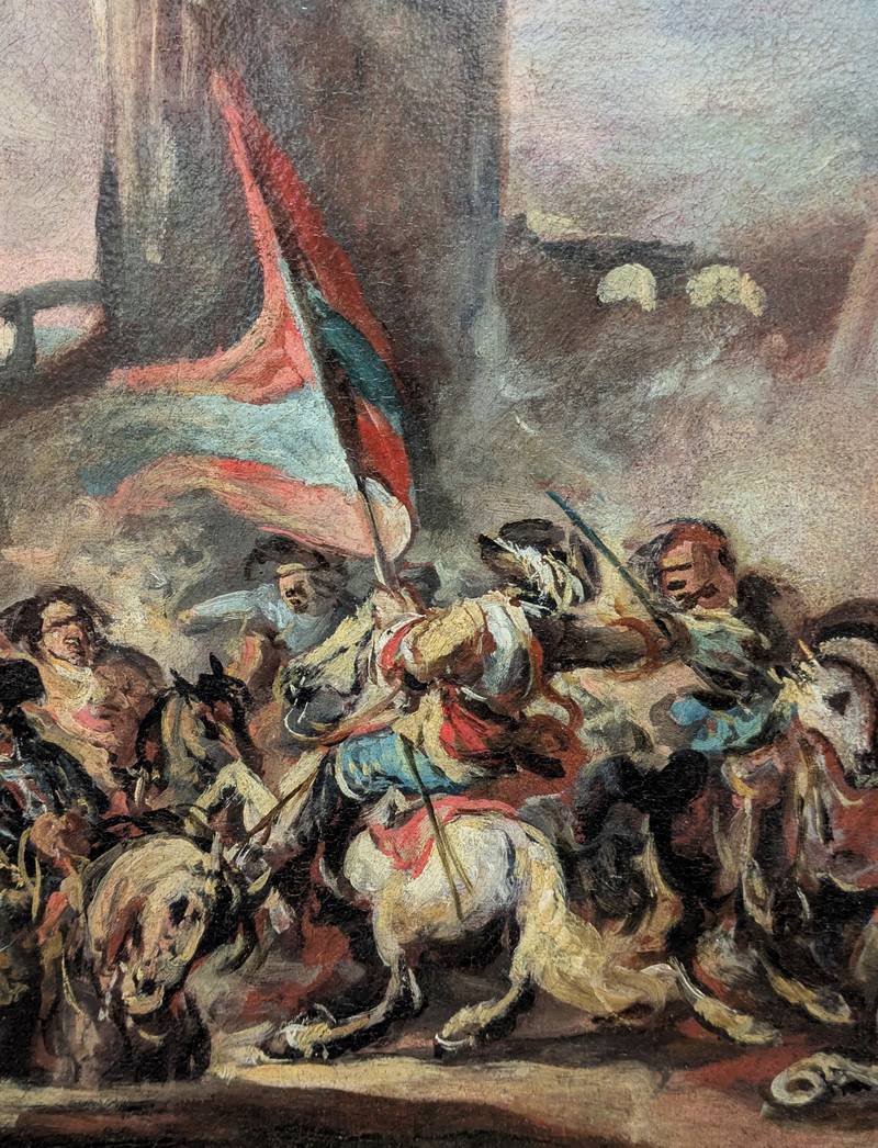 dipinto-cavalleria-esercito-battaglia-cavalli-stendardi-mura-tromba-olio-tela4_OTTIMIZZATO Battaglia, antico dipinto a olio su tela - immagine 5