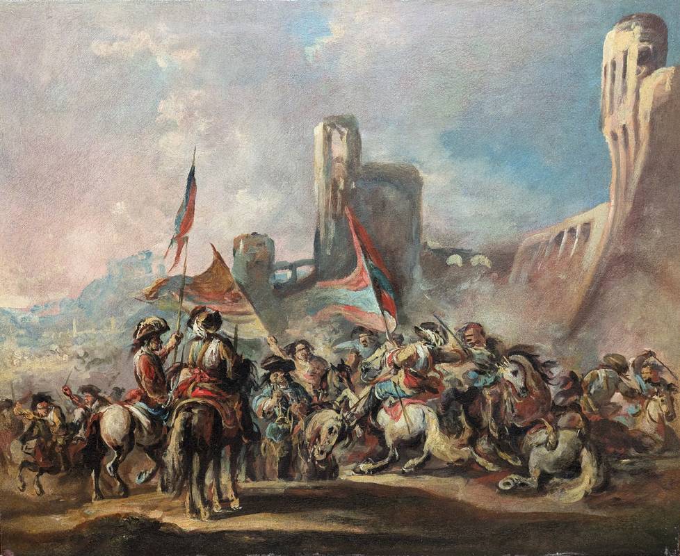 dipinto-cavalleria-esercito-battaglia-cavalli-stendardi-mura-tromba-olio-tela_OTTIMIZZATO Battaglia, antico dipinto a olio su tela - immagine 1