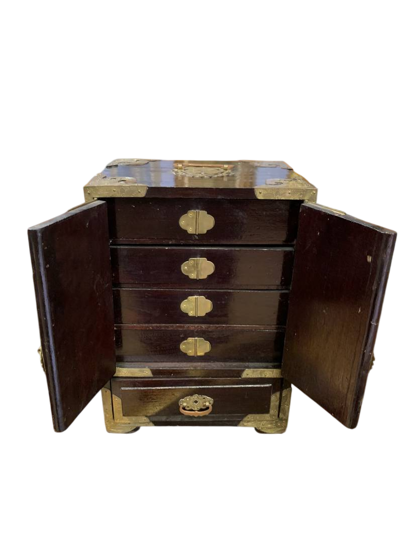 Scatola portagioielli orientale legno inserti in ceramica  con cassettini - immagine 3