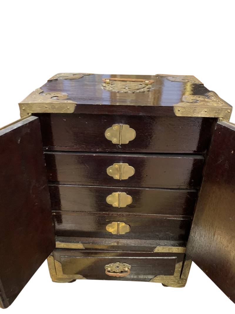 Scatola portagioielli orientale legno inserti in ceramica  con cassettini - immagine 5