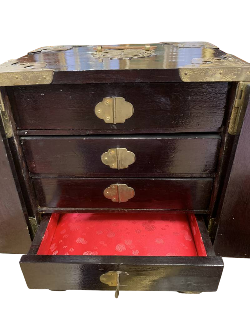 Scatola portagioielli orientale legno inserti in ceramica  con cassettini - immagine 6