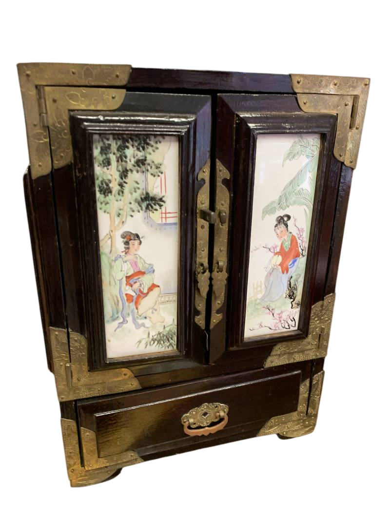 Scatola portagioielli orientale legno inserti in ceramica  con cassettini - immagine 7