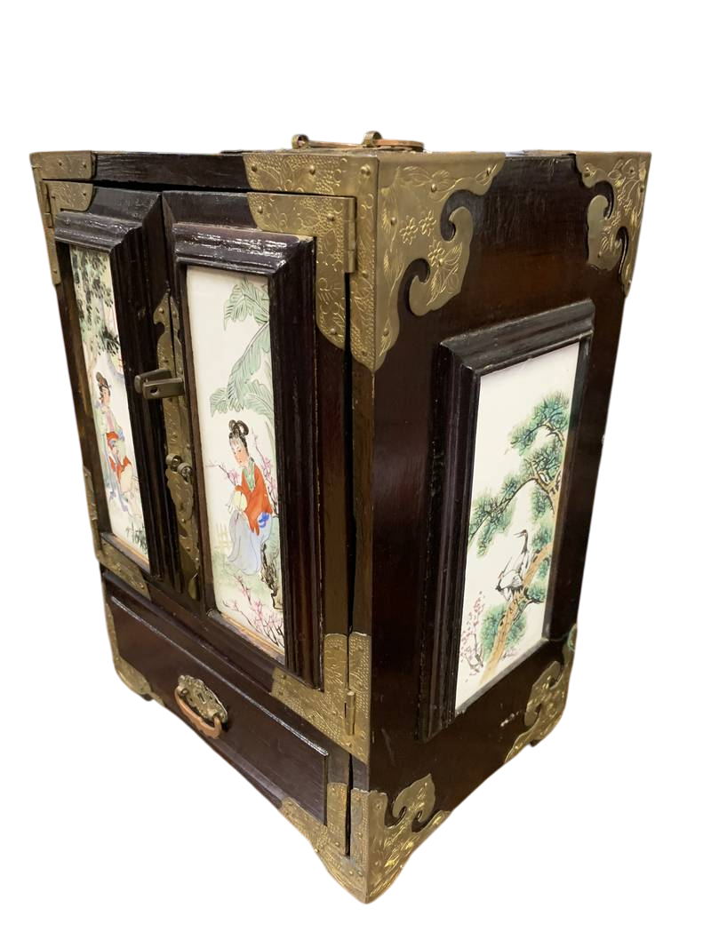 Scatola portagioielli orientale legno inserti in ceramica  con cassettini - immagine 10