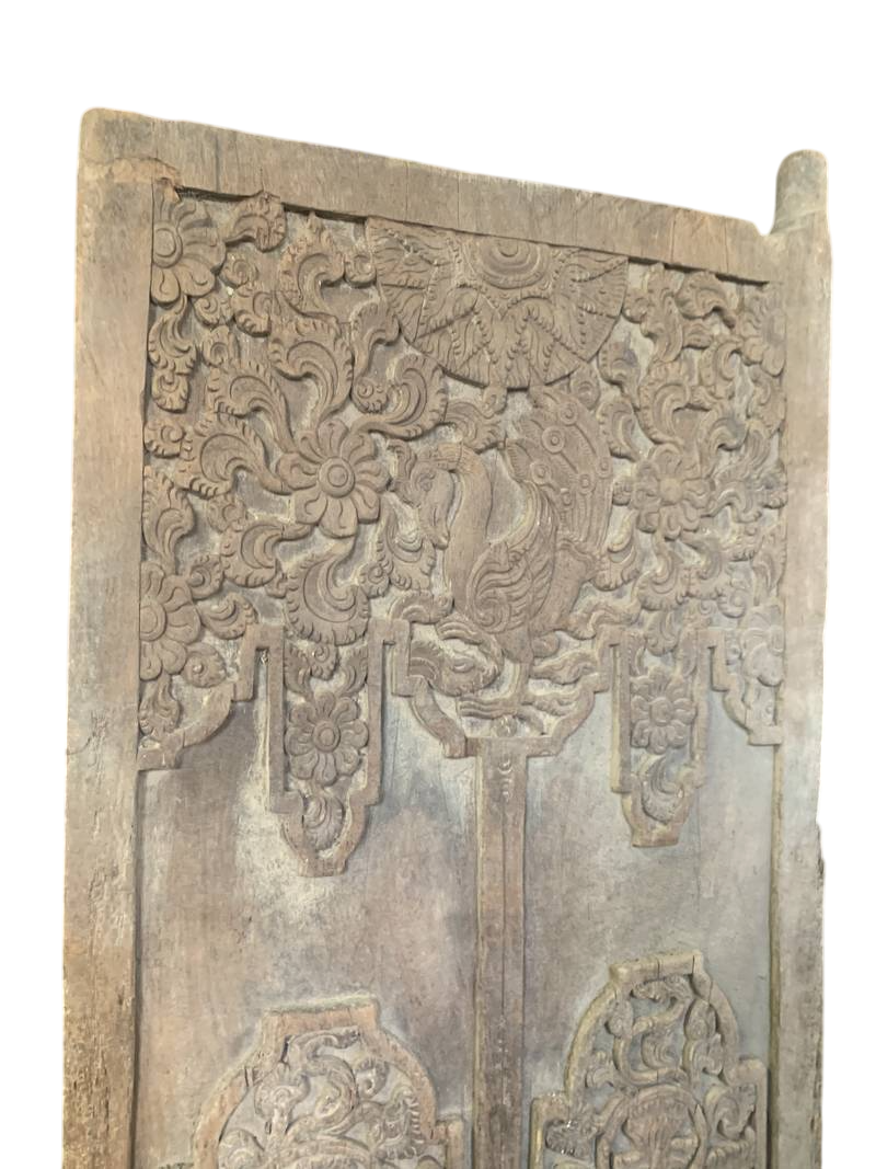 Antica porta da tempio in legno intagliato orientale con fenice e figure orientali - immagine 8