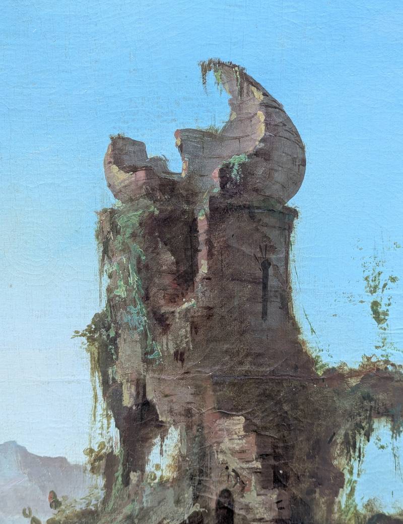 Paesaggio roccioso con rovine, olio su tela - 1880 - immagine 3
